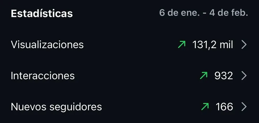 Captura de estadísticas: 131,2 mil visualizaciones, 932 interacciones y 166 nuevos seguidores en un mes